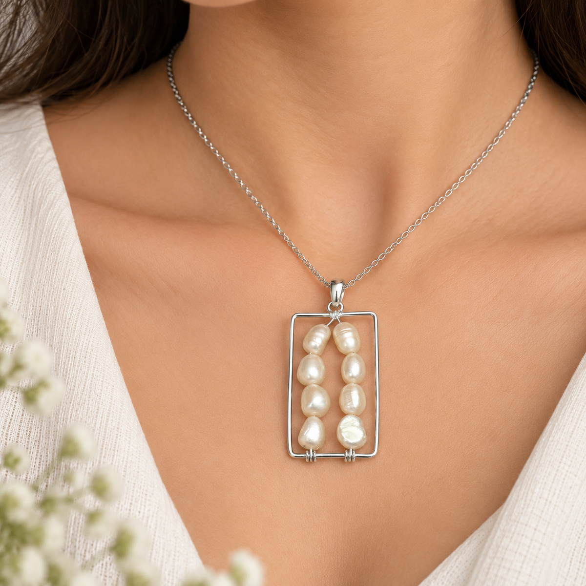 Freshwater Pearl Pendant Modern Rectangular Statement Jewelry BPEN269-SLV-NPRL08