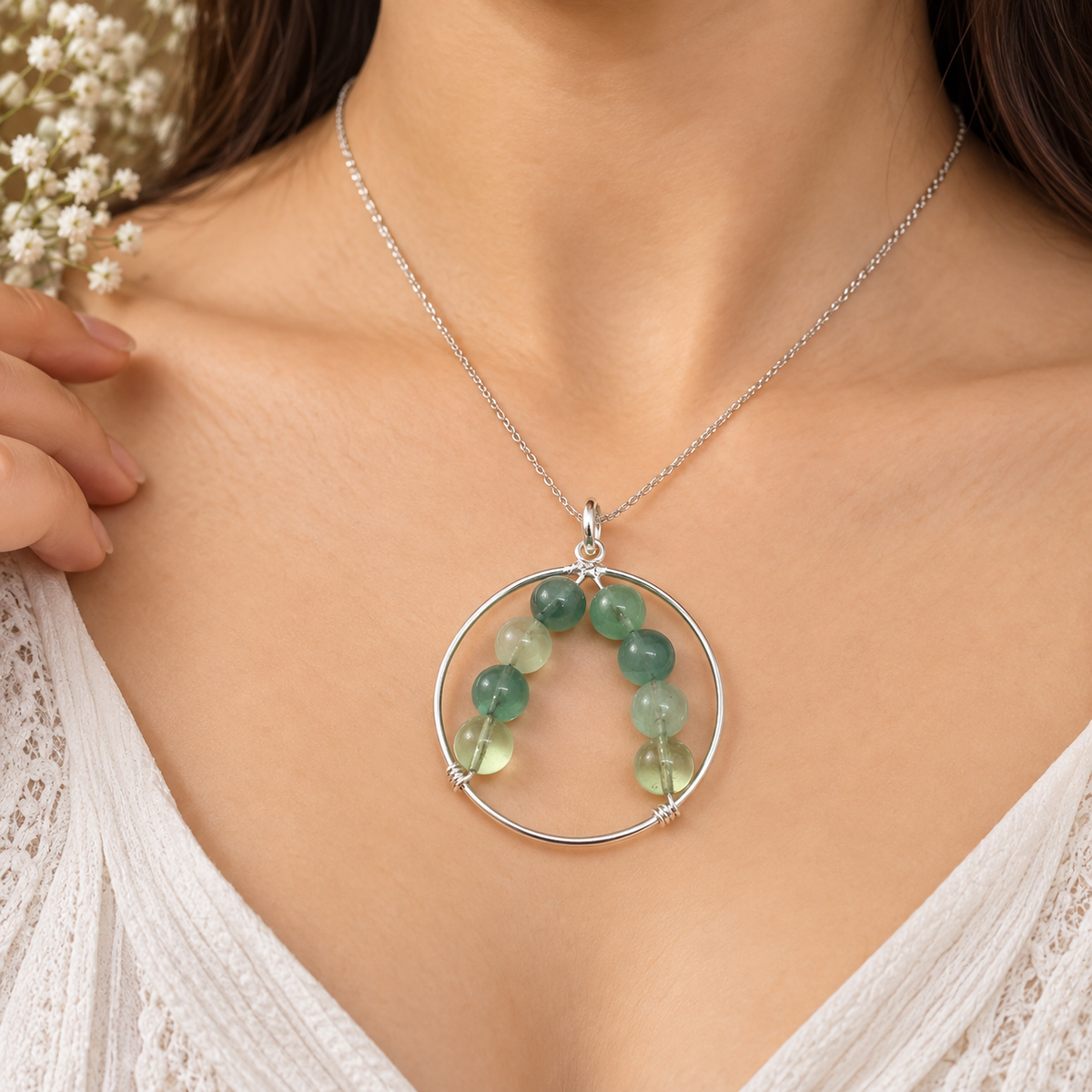 Natural Green Prehnite Pendant, Beaded Gemstone Boho Jewelry BPEN281-SLV-NPR08