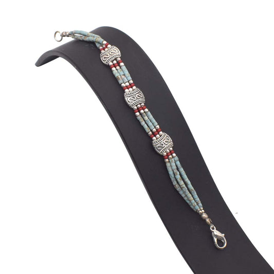 Red Coral Turquoise Tibetan Friendship Band Jewelry Beaded Bracelet 7" BRC-1998