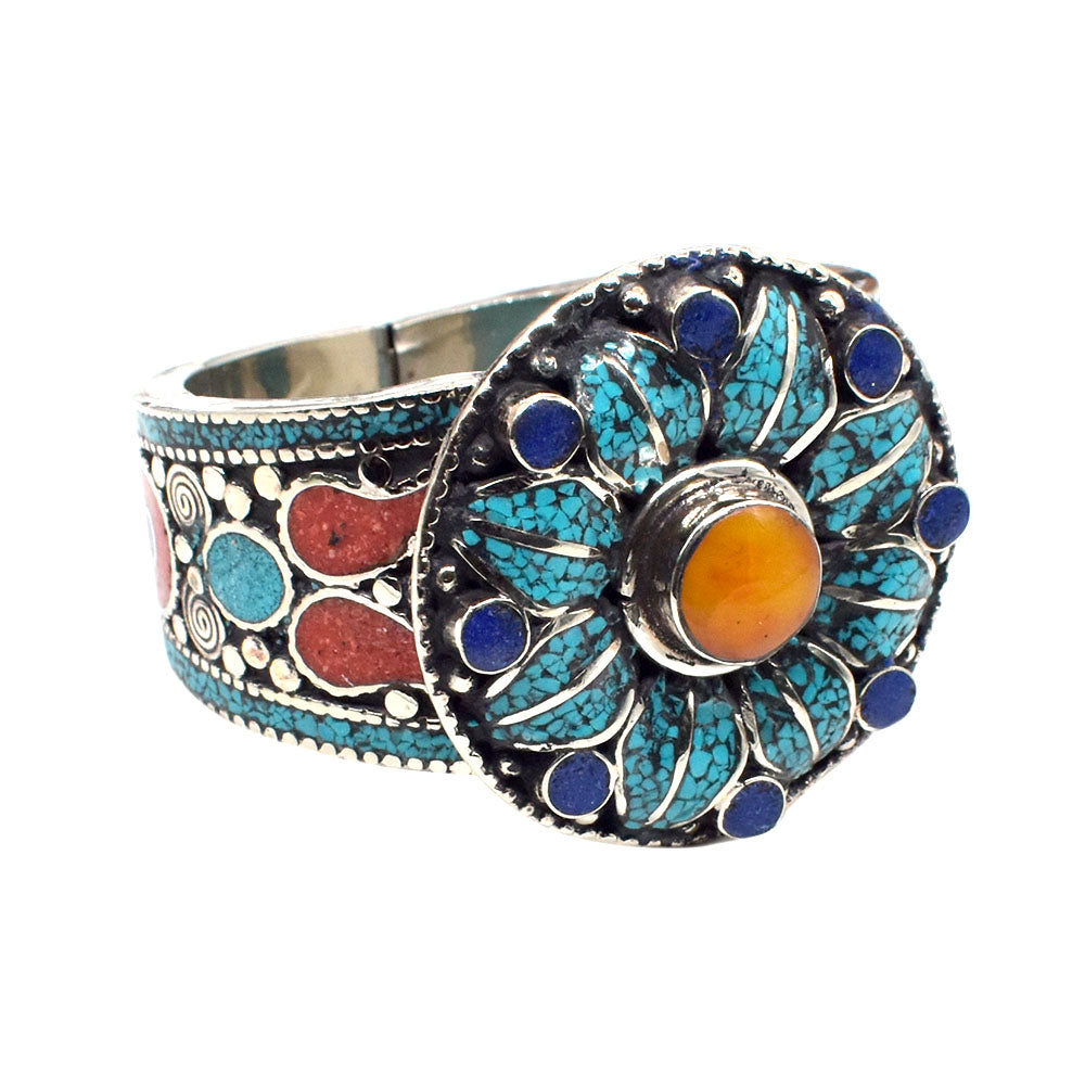 Turquoise Lapis Lazuli Gemstone Ethnic Tibetan Nepali Cuff Bracelet 7.5" BRC-3961