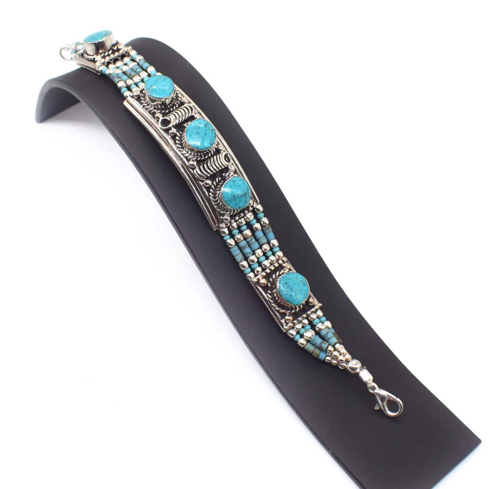 Vintage Turquoise Gemstone Unique Design Tibetan Jewelry Bracelet 7.5" BRC-3978