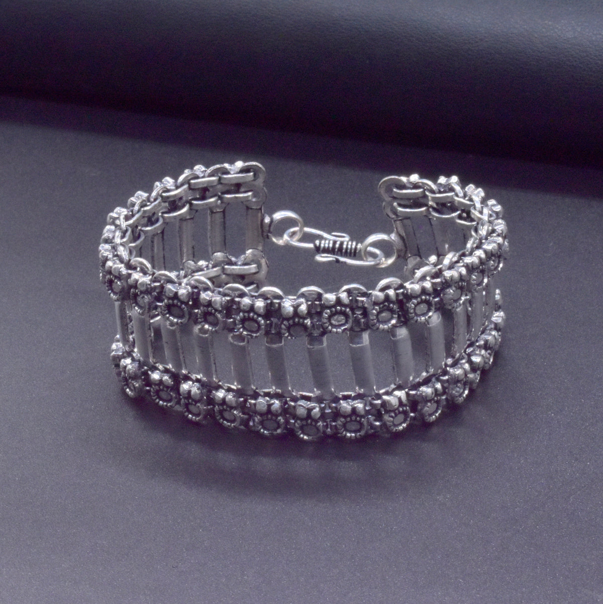 Oxidized Silver Bracelet, Beaded Link Cuff, Boho Ethnic Jewelry BRC-4136