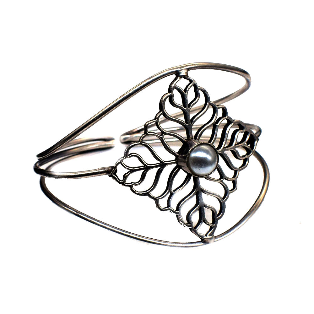 Floral Pearl Cuff Bracelet, Oxidized Silver Botanical Boho Jewelry BRC-4903