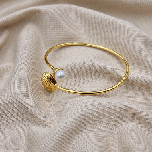 Elegant Gold Open Cuff Bracelet with Shell and Bead Accent Bangle for Women BSW08-GLD