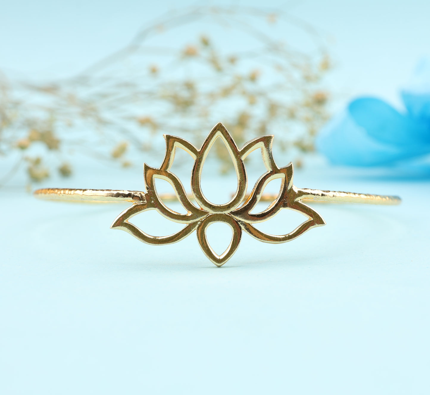 Elegant Gold Open Cuff Bracelet with Lotus Design Spiritual Inspired Bangle BSW15-GLD