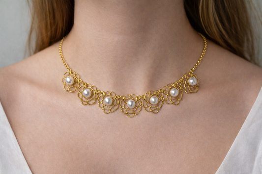 Gold Floral Necklace Set Elegant Pearl Design Statement Jewelry