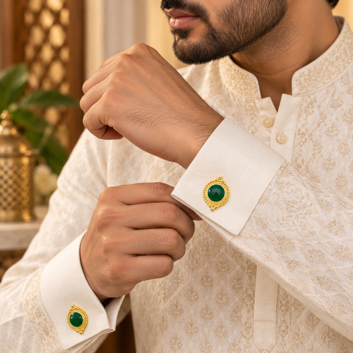 Green Enamel Gold Cufflinks Men's Ethnic Wedding Gift Indian Style CL-126