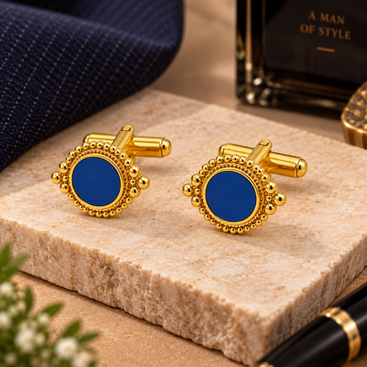 Blue Enamel Gold Cufflinks Men's Ethnic Wedding Gift Indian Style CL-129