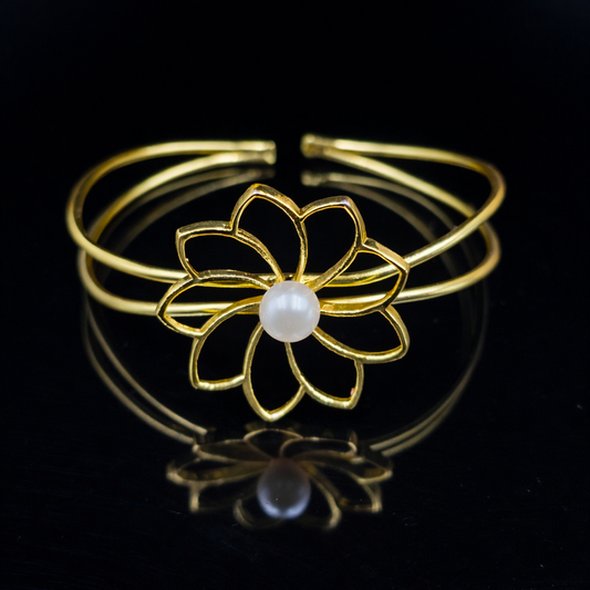 Elegant Gold Floral Cuff Bracelet | Minimalist Adjustable Open Bangle CUF08-GLD