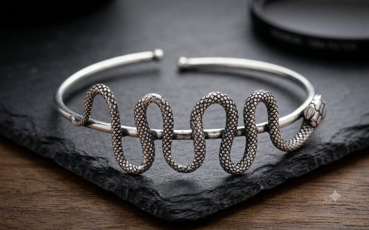 Oxidized Silver Plated Snake Cuff Bracelet, Halloween Jewelry Hippy CUF22-SLV-PLN
