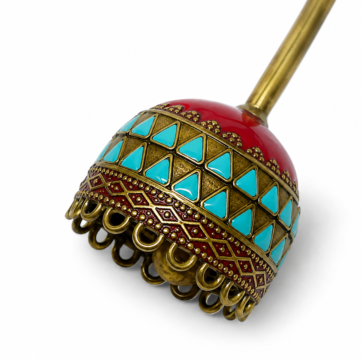 Antique Brass Meenakari Hand Bell Turquoise Red Temple Pooja Ghanti DBL02-BRS-EN