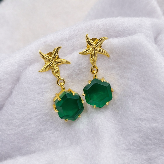 Star Fish Hexagon Gold Drop Earrings