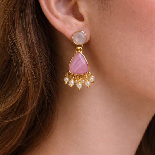 Two Stone Minimal Earrings with Gajra Boho Chic Jewelry