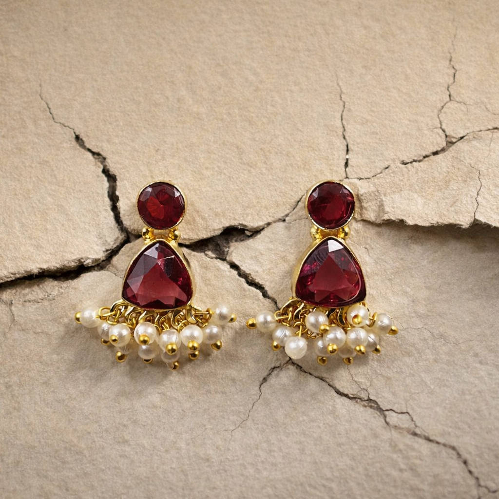 Two Stone Minimal Earrings with Gajra Boho Chic Jewelry