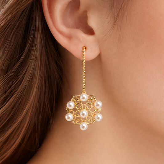 Plain Pearl Gold Plated Hexagon Filigree Earrings
