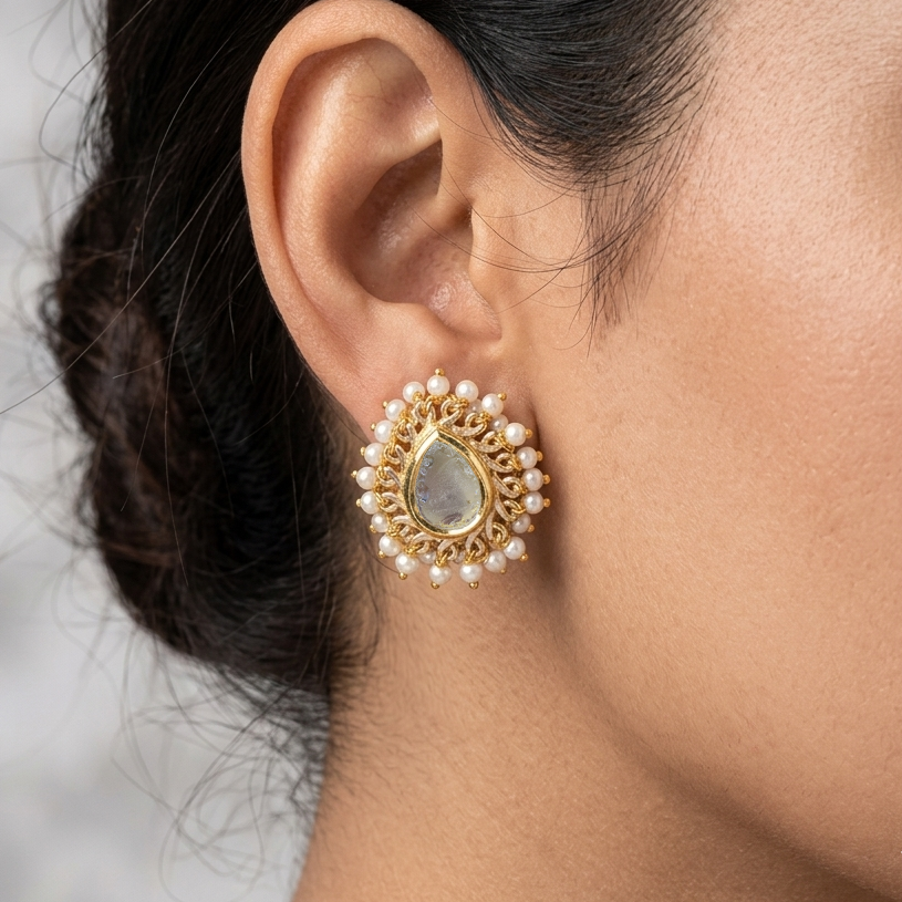 Gold Plated Pearl Cluster Teardrop Stud Earrings for Women DR38-GLD