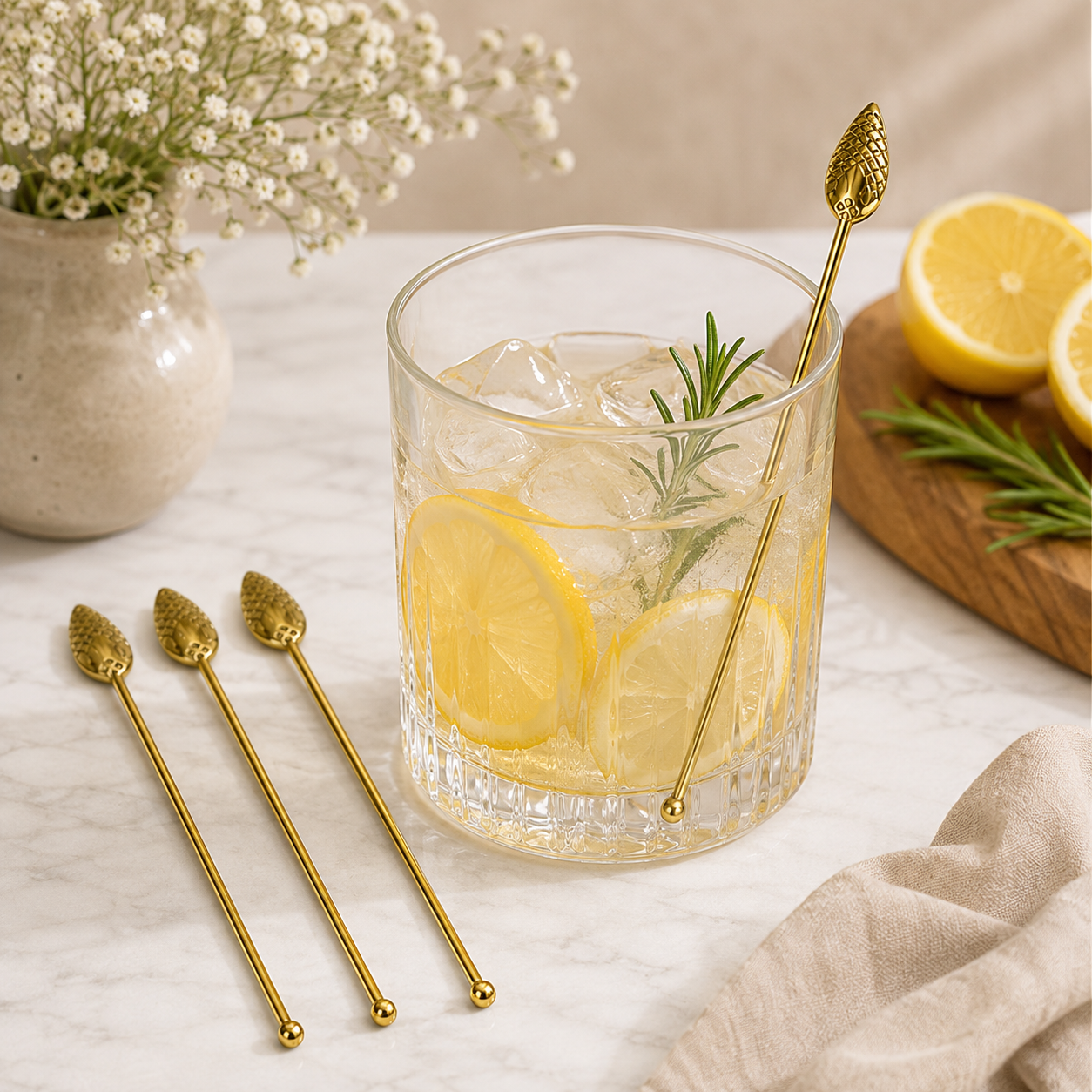 Gold Leaf Cocktail Stirrer Picks Set Of 4 Decorative Drink Accessories DST05-BRS-PLN