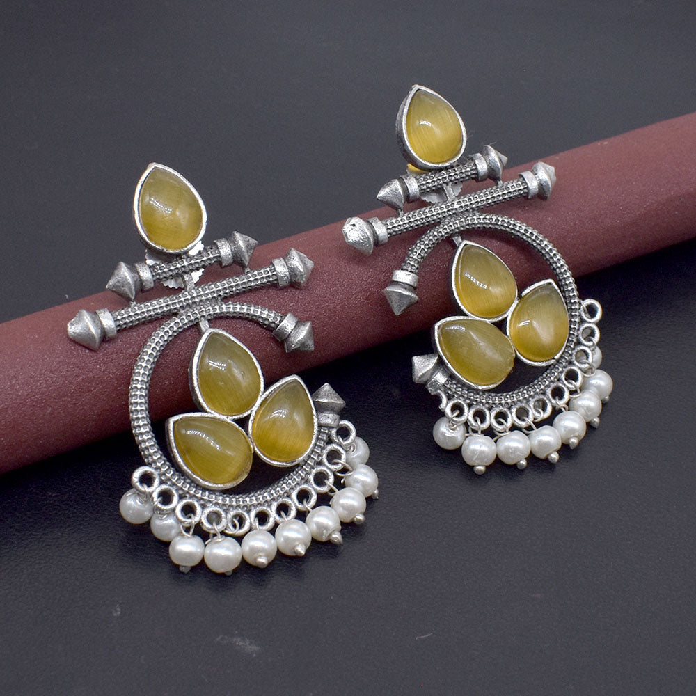 Yellow Cat Eye Pearl Earrings Oxidized Silver Dangle Statement Jewelry EAR-10468