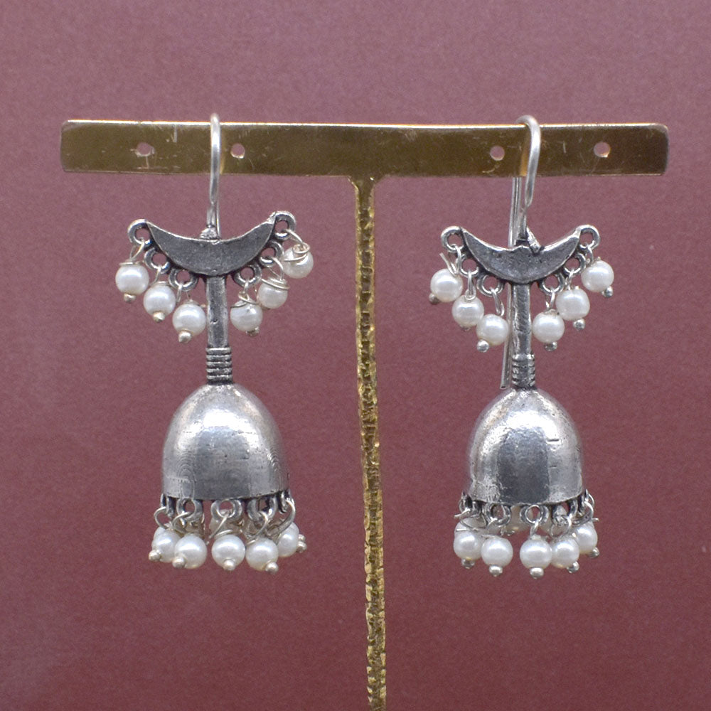 Oxidized Silver Jhumka Earrings, Pearl Dangle Indian Boho Jewelry EAR-10470