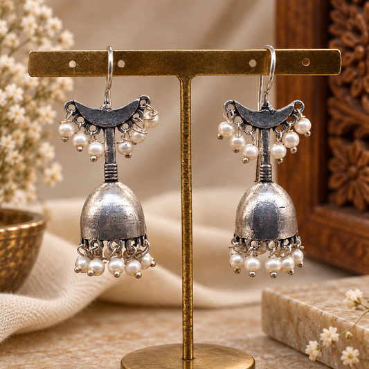 Oxidized Silver Jhumka Earrings, Pearl Dangle Indian Boho Jewelry EAR-10470
