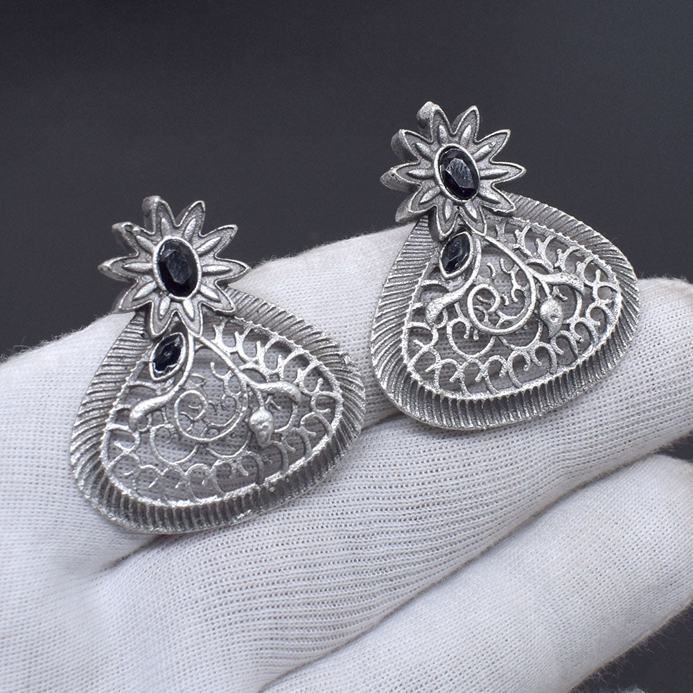 Oxidized Silver Floral Earrings Black Stone Teardrop Boho Jewelry EAR-10471
