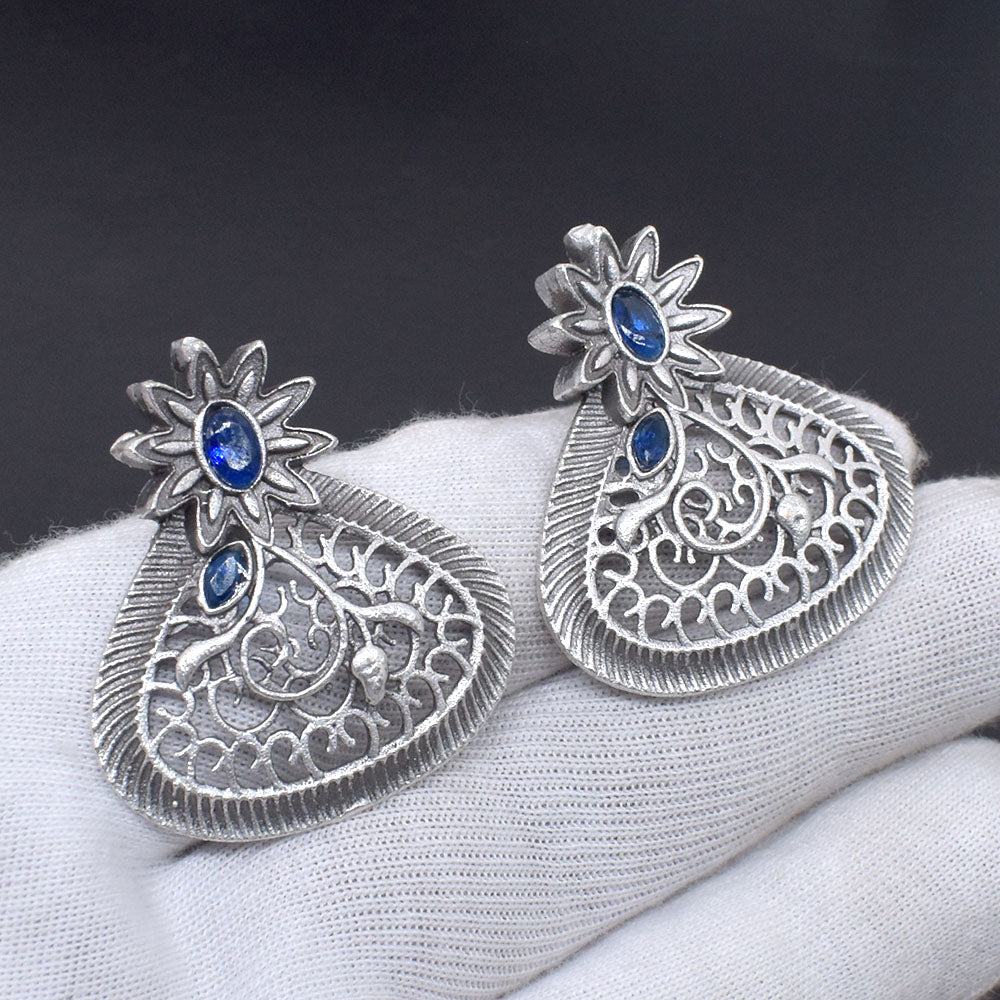 Blue Iolite Earrings Oxidized Silver Floral Teardrop Boho Jewelry EAR-10472