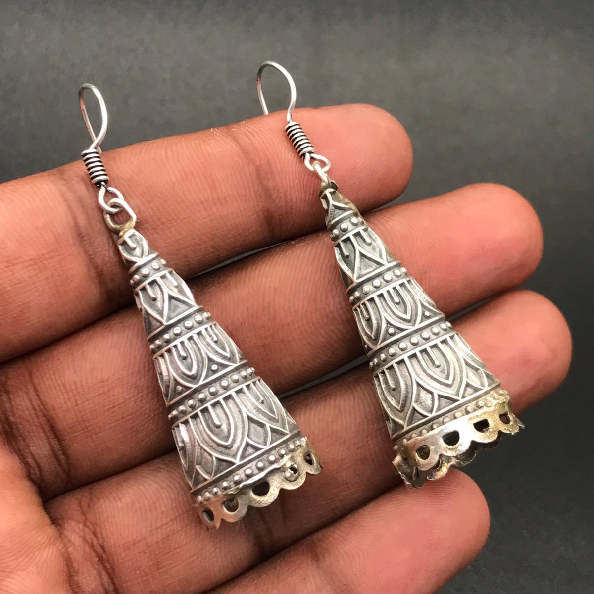 Oxidized Silver Long Drop Earrings Tribal Boho Statement Garba Jewelry EAR-10514