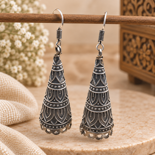 Oxidized Silver Long Drop Earrings Tribal Boho Statement Garba Jewelry EAR-10514