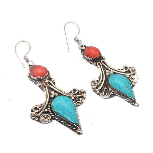 Red Coral with Turquoise Earrings Ethnic Fashion Tibetan Silver Jewelry EAR-10690