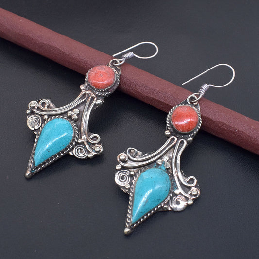 Red Coral with Turquoise Earrings Ethnic Fashion Tibetan Silver Jewelry EAR-10690