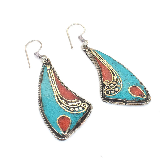 Turquoise Mosaic Earrings Mother's Day Ethnic Tibetan Jewelry Gift EAR-10696