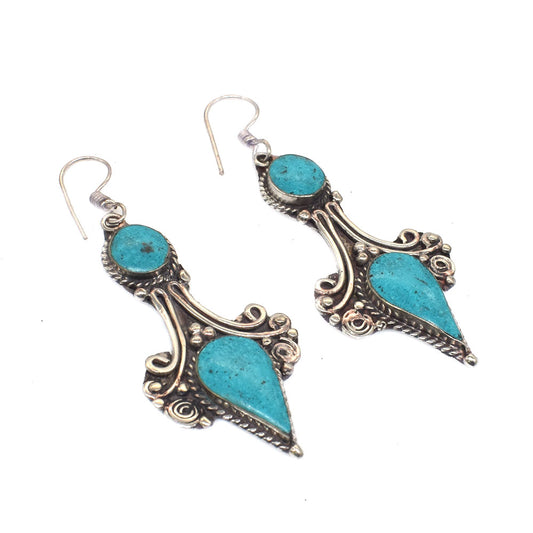 Turquoise Hanging Women Earrings Ethnic Tibetan Fashion Jewelry Gift EAR-10699