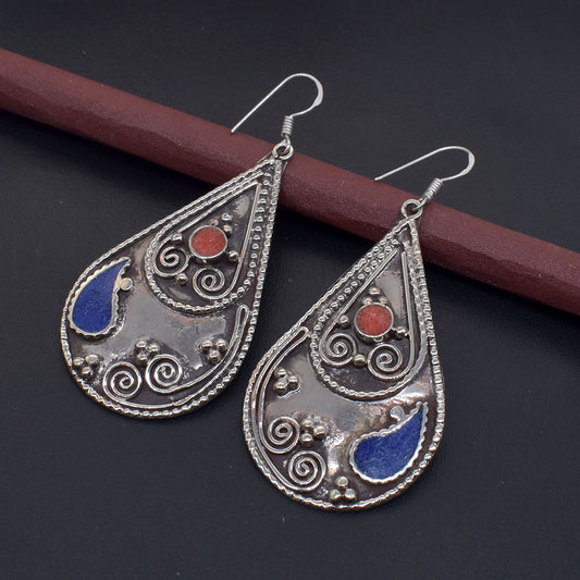 Vintage Nepalese Earrings Lapis Lazuli Ethnic Tibetan Silver Jewelry Gift EAR-10700