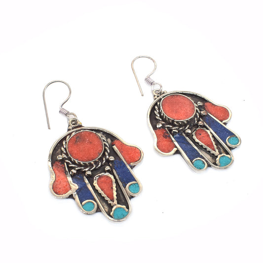 Lapis Coral Vintage Hamsa Earrings Ethnic Tibetan Silver Jewelry Gift EAR-10707