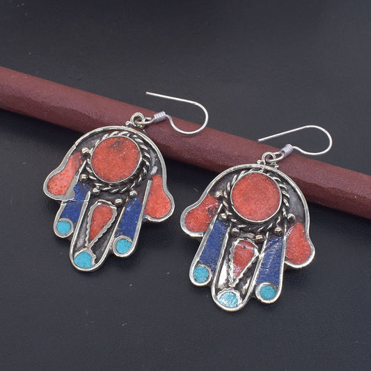 Lapis Coral Vintage Hamsa Earrings Ethnic Tibetan Silver Jewelry Gift EAR-10707