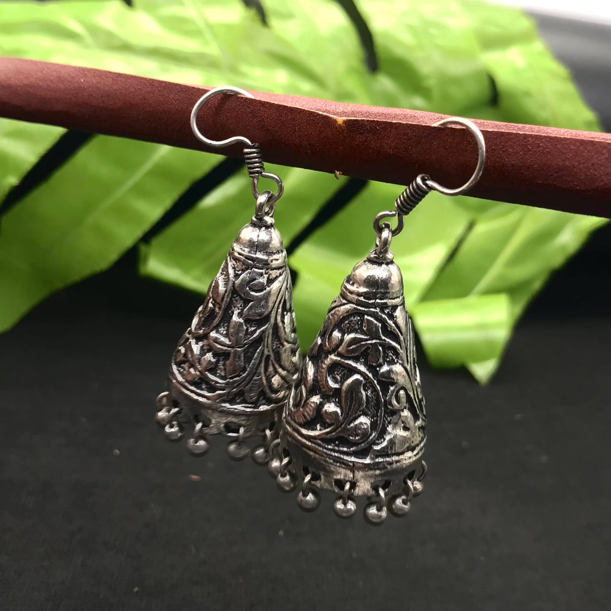 Oxidized Silver Jhumka Earrings Embossed Floral Boho Dangle Jewelry EAR-1565