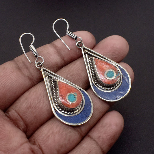 Red Coral Lapis Lazuli Earring Huge Selling Tibetan Jewelry Earring 1.5" EAR-4438