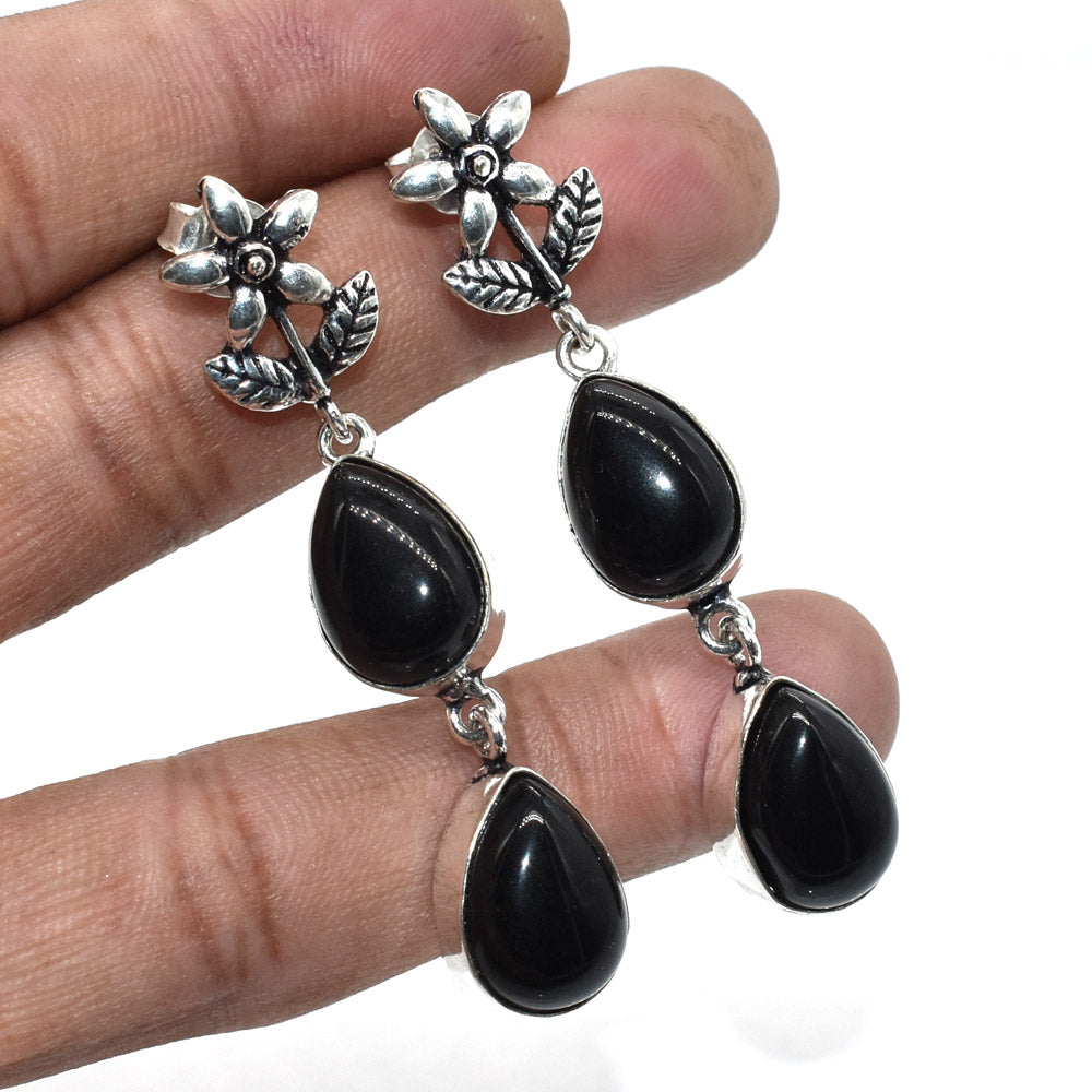 Black Onyx Drop Earrings Floral Silver Boho Dangle Jewelry EAR-4610