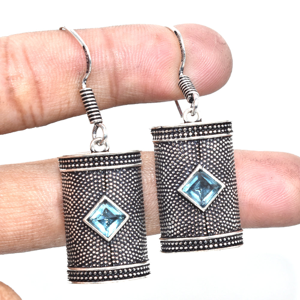 Blue Topaz Silver Dangle Earrings Oxidized Tribal Boho Jewelry EAR-4879