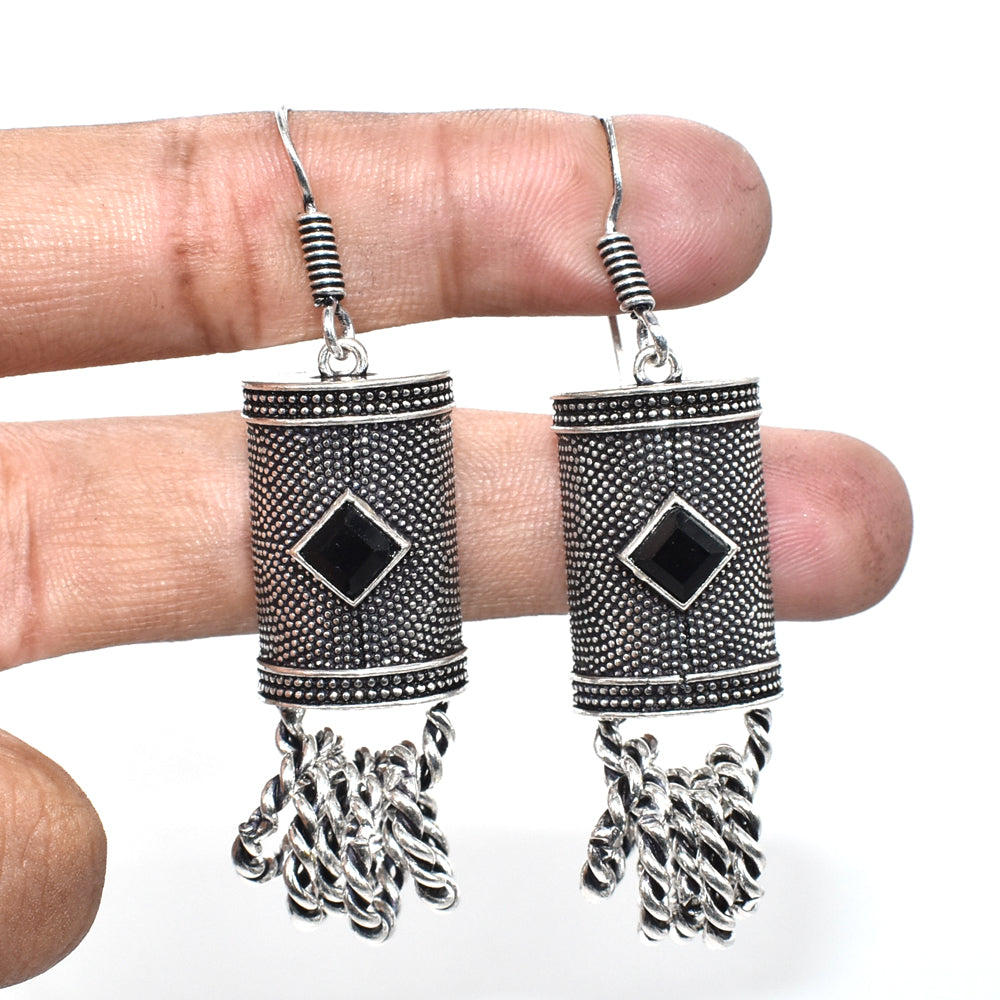 Black Spinel Dangle Earrings Oxidized Silver Tribal Boho Jewelry EAR-4888