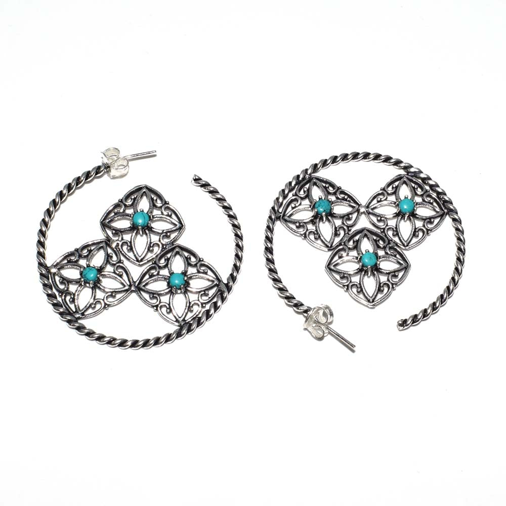 Turquoise Floral Hoop Earrings Twisted Silver Boho Statement Jewelry EAR-4908