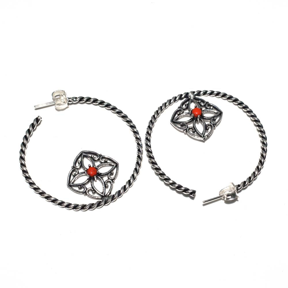Red Stone Twisted Hoop Earrings Floral Oxidized Silver Boho Jewelry EAR-4910
