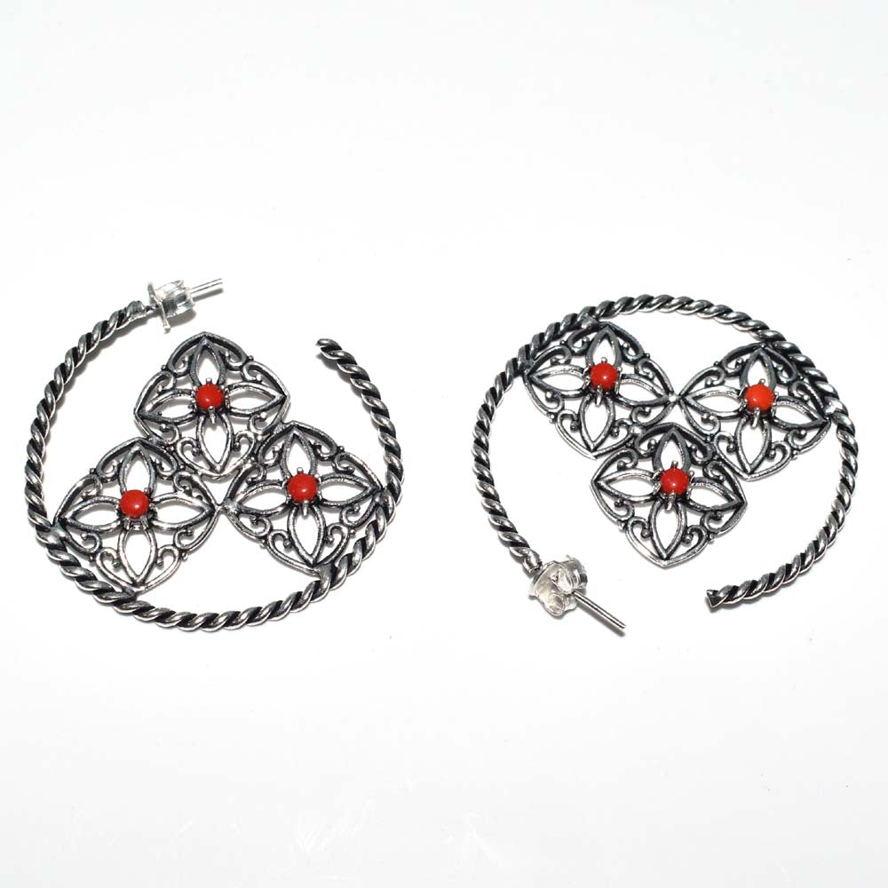 Red Stone Floral Hoop Earrings Twisted Oxidized Silver Boho Jewelry EAR-4911