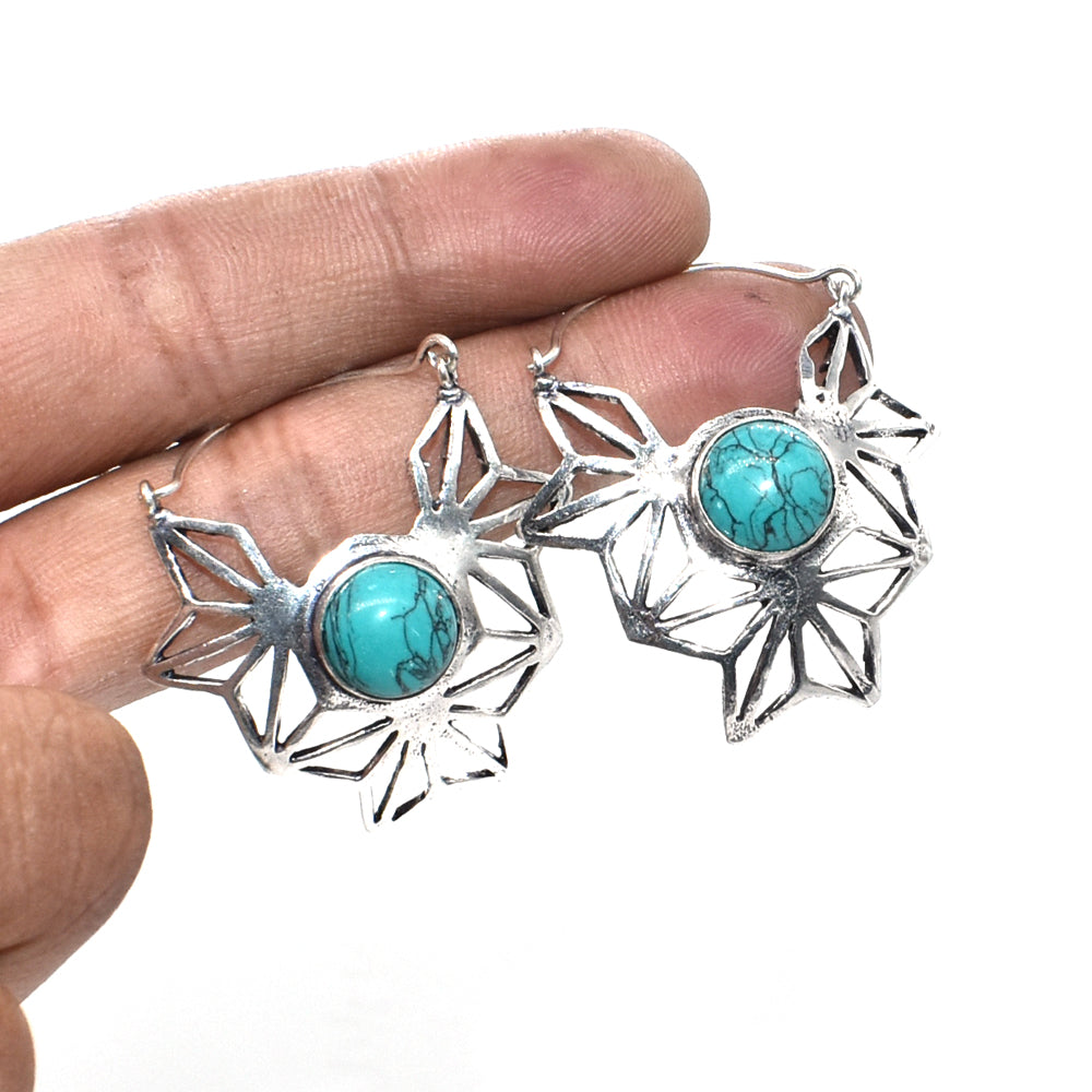 Turquoise Flower Hoop Earrings Boho Silver Tone Statement Jewelry EAR-4952