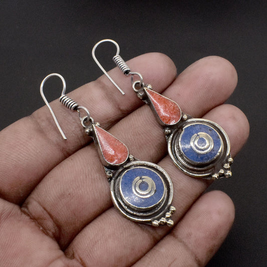 Lapis Lazuli Coral Gemstone Tibetan Fashion Jewelry Vintage Earring 1.5" EAR-7009