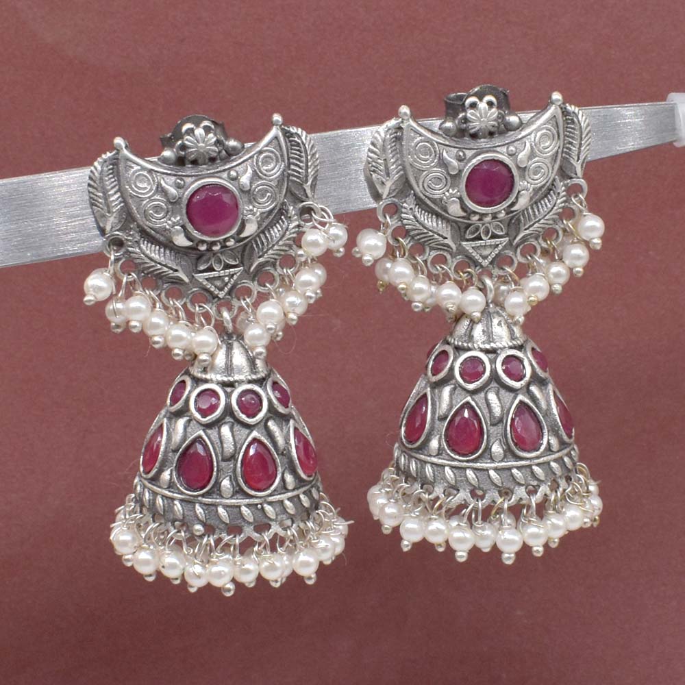 Ruby Jhumka Earrings Pearl Dangle Oxidized Silver Tone Indian Jewelry EAR-7651