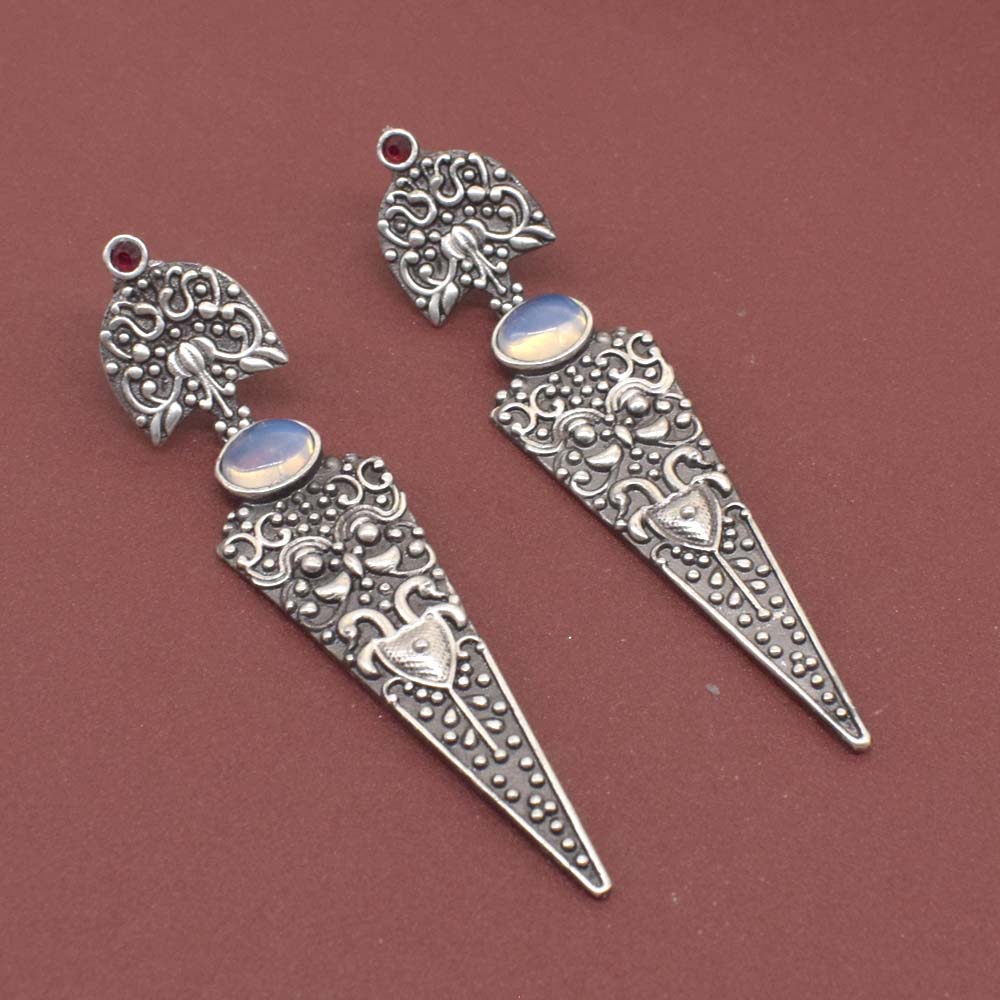 Moonstone Dangle Earrings Ornate Silver Tone Vintage Boho Jewelry EAR-7653