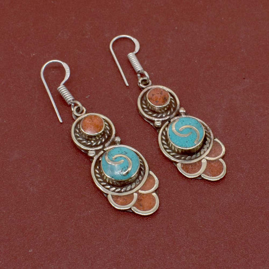Newest Red Coral Turquoise Gemstone Stylish Tibetan Jewelry Earring 1.5" EAR-7699