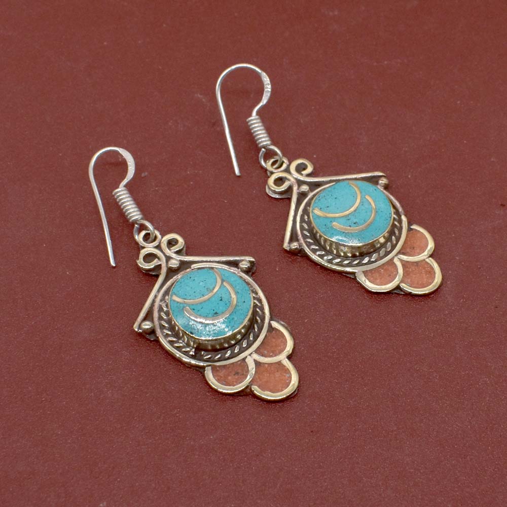 Turquoise Red Coral Gemstone Tibetan Fashion Jewelry Hook Earring 1.5" EAR-7702