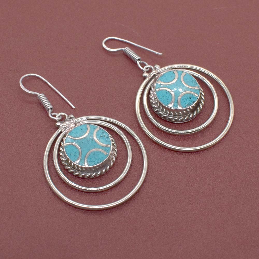 Green Turquoise Gemstone Handmade Tibetan Fashion Jewelry Earring 2" EAR-8245